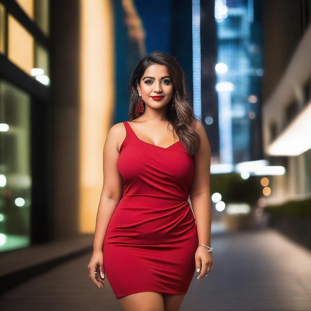 A beautiful and curvy girl wearing a short red dress, posing confidently in a stylish urban setting