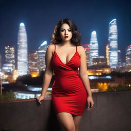 A beautiful and sexy girl with a voluptuous figure wearing a short red dress