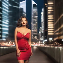 A beautiful and sexy girl with a voluptuous figure wearing a short red dress