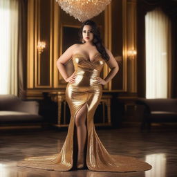 A beautiful and sexy girl with a voluptuous figure wearing a revealing gold dress