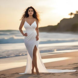 A beautiful and sexy girl with a voluptuous figure wearing a revealing white dress, standing on a beach