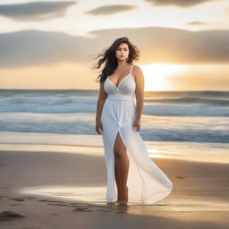 A beautiful and sexy girl with a voluptuous figure wearing a revealing white dress, standing on a beach