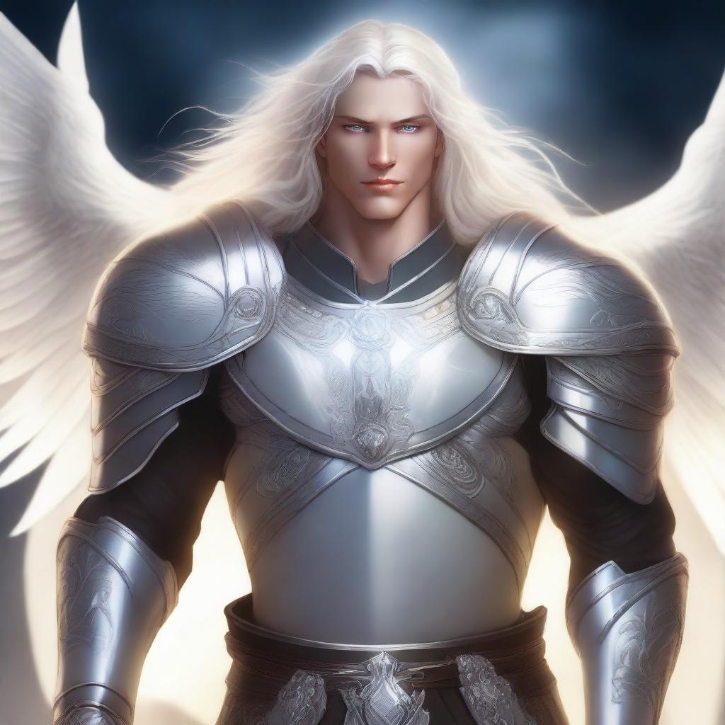 A male aasimar paladin with a large build and pale skin