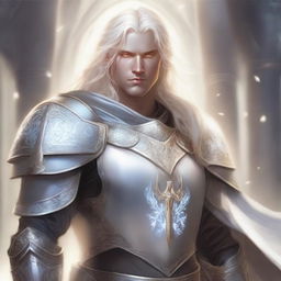 A male aasimar paladin with a large build and pale skin