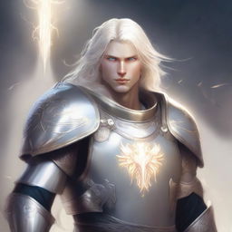 A male aasimar paladin with a large build and pale skin