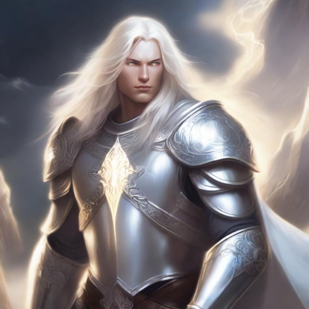 A male aasimar paladin with a large build and pale skin