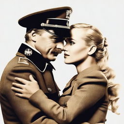 Create an image featuring the character Sturmbannführer Dieter Hellstrom hugging the character Shosanna Dreyfus