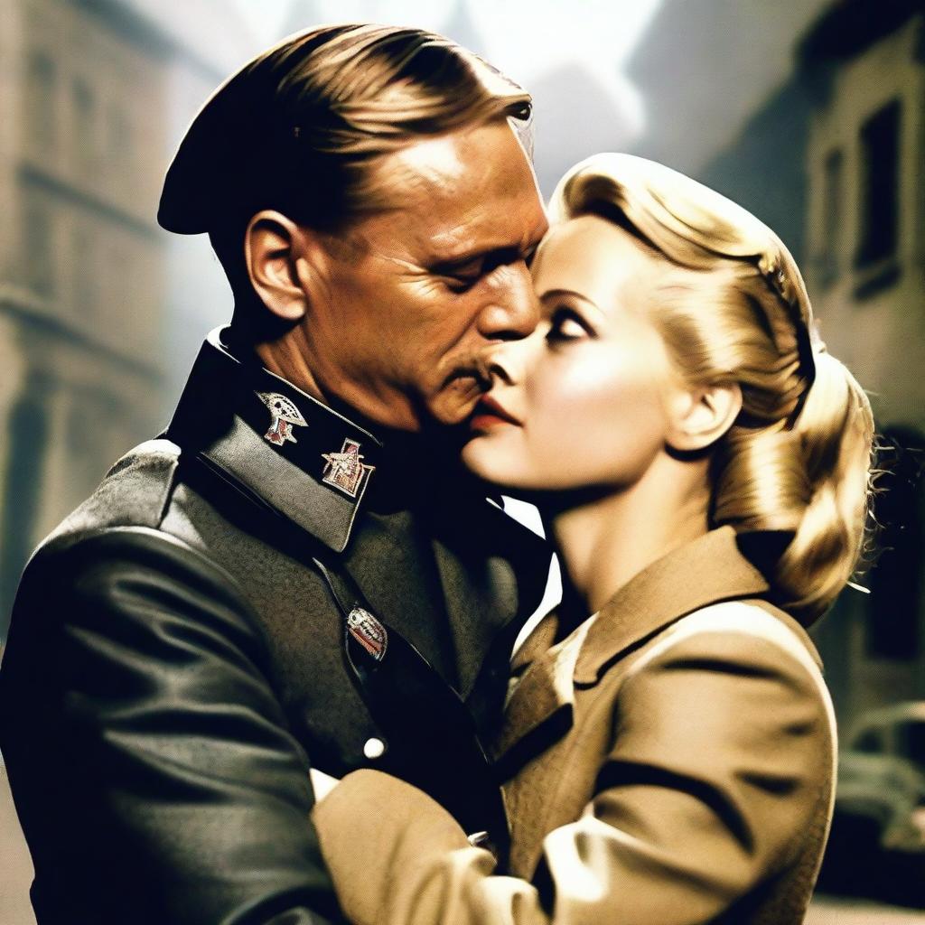 Create an image featuring the character Sturmbannführer Dieter Hellstrom hugging the character Shosanna Dreyfus