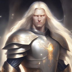 A male aasimar paladin with a large build and pale skin