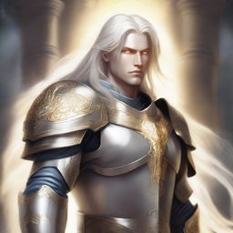 A male aasimar paladin with a large build and pale skin