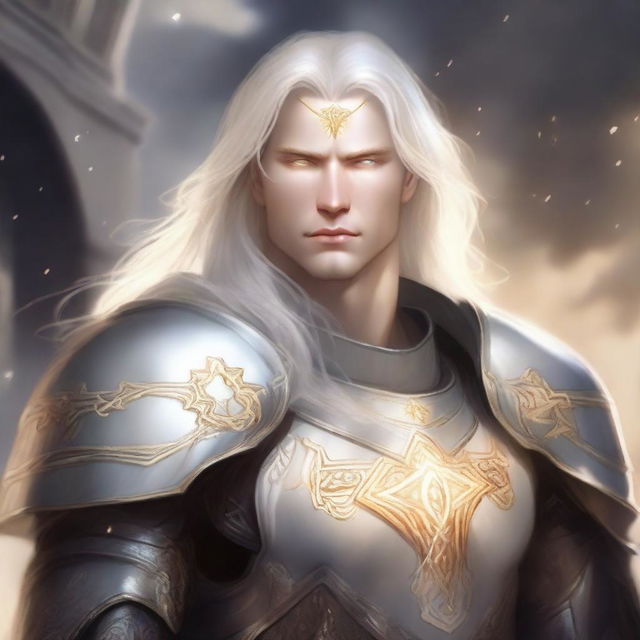 A male aasimar paladin with a large build and pale skin