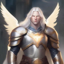 A male aasimar paladin with a large build and pale skin