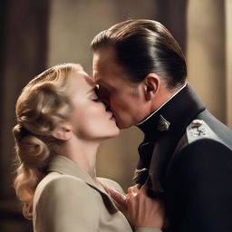 A passionate scene featuring the character Sturmbannführer Dieter Hellstrom passionately kissing the character Shosanna Dreyfus, holding her close in an intense embrace