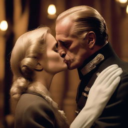 A passionate scene featuring the character Sturmbannführer Dieter Hellstrom passionately kissing the character Shosanna Dreyfus, holding her close in an intense embrace