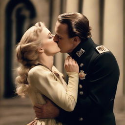 A passionate scene featuring the character Sturmbannführer Dieter Hellstrom passionately kissing the character Shosanna Dreyfus, holding her close in an intense embrace