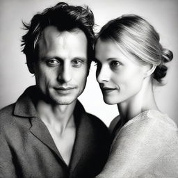 Create an image featuring actor August Diehl lovingly looking at actress Mélanie Laurent while embracing her shoulders