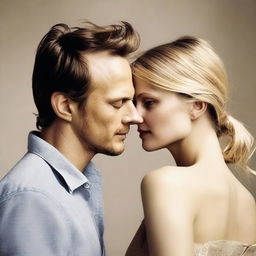 Create an image featuring actor August Diehl lovingly looking at actress Mélanie Laurent while embracing her shoulders