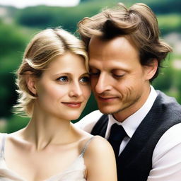 Create an image featuring actor August Diehl lovingly looking at actress Mélanie Laurent while embracing her shoulders