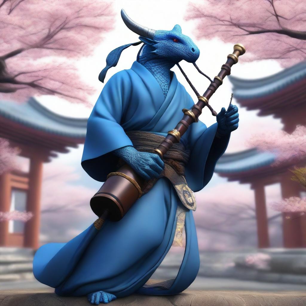 A realistic depiction of a very tiny blue dragonborn monk who breathes lightning through a set of bagpipes