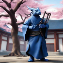 A realistic depiction of a very tiny blue dragonborn monk who breathes lightning through a set of bagpipes