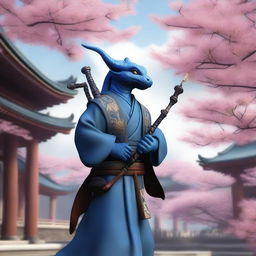 A realistic depiction of a very tiny blue dragonborn monk who breathes lightning through a set of bagpipes