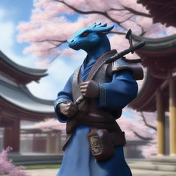 A realistic depiction of a very tiny blue dragonborn monk who breathes lightning through a set of bagpipes