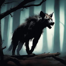 A terrifying werehyena standing in a dark, eerie setting