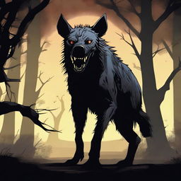 A terrifying werehyena standing in a dark, eerie setting