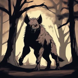 A terrifying werehyena standing in a dark, eerie setting