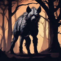 A terrifying werehyena standing in a dark, eerie setting