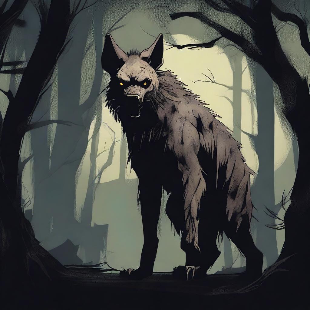 A terrifying werehyena, a human with a hyena face, standing in a dark, eerie setting