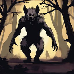 A terrifying werehyena, a human with a hyena face, standing in a dark, eerie setting