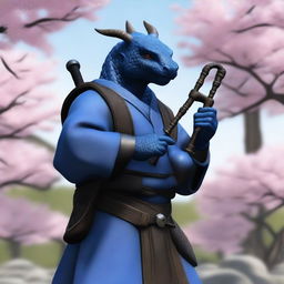 A realistic depiction of a short blue dragonborn dressed in simple robes, playing a set of bagpipes