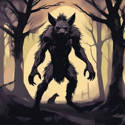 A terrifying werehyena, a human with a hyena face, standing in a dark, eerie setting