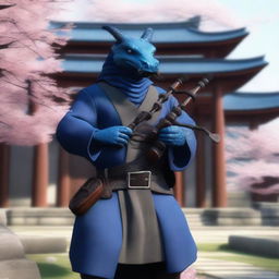 A realistic depiction of a short blue dragonborn dressed in simple robes, playing a set of bagpipes