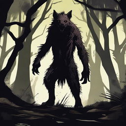 A terrifying werehyena, a human with a hyena face, standing in a dark, eerie setting