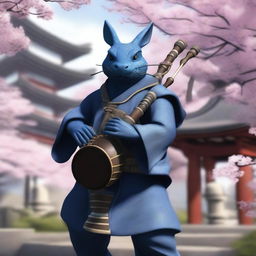 A realistic depiction of a short blue dragonborn dressed in simple robes, playing a set of bagpipes