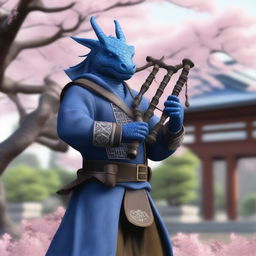 A realistic depiction of a short blue dragonborn dressed in simple robes, playing a set of bagpipes