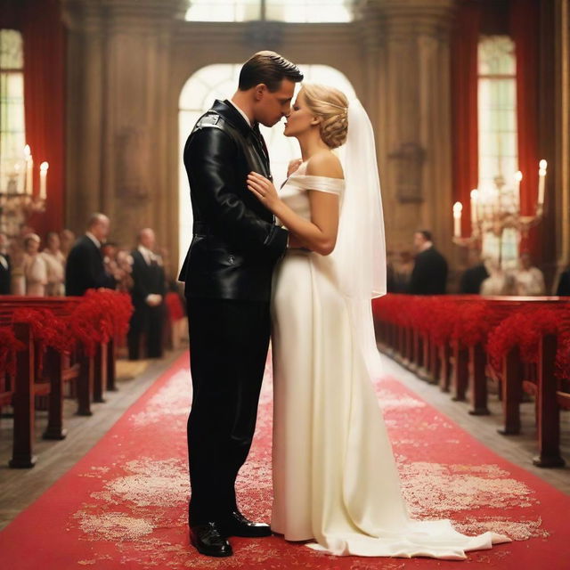 Create an image featuring characters from the 2009 film 'Inglourious Basterds', Standartenführer Dieter Hellstrom and Shosanna Dreyfus, at a wedding ceremony