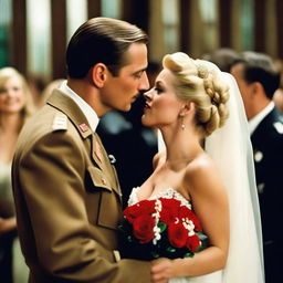 Create an image featuring characters from the 2009 film 'Inglourious Basterds', Standartenführer Dieter Hellstrom and Shosanna Dreyfus, at a wedding ceremony