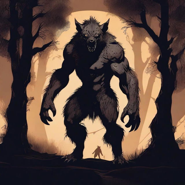 A terrifying werehyena, a human with a hyena face, extremely muscular and big, standing in a dark, eerie setting