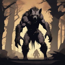 A terrifying werehyena, a human with a hyena face, extremely muscular and big, standing in a dark, eerie setting