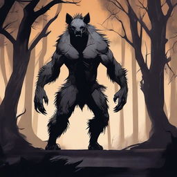 A terrifying werehyena, a human with a hyena face, extremely muscular and big, standing in a dark, eerie setting