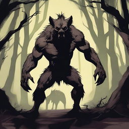 A terrifying werehyena, a human with a hyena face, extremely muscular and big, standing in a dark, eerie setting