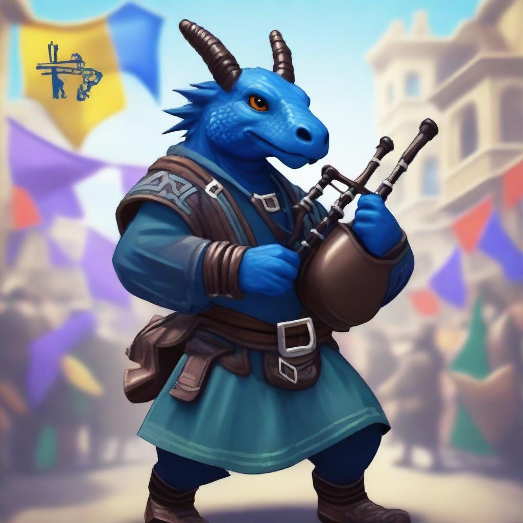 A short blue dragonborn playing a set of bagpipes