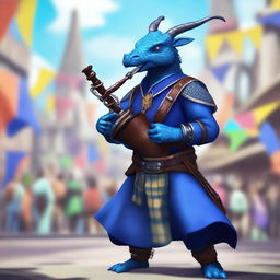 A short blue dragonborn playing a set of bagpipes