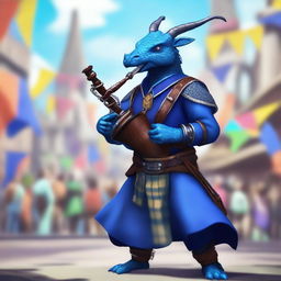 A short blue dragonborn playing a set of bagpipes