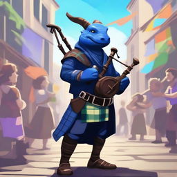 A short blue dragonborn playing a set of bagpipes