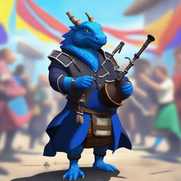 A short blue dragonborn playing a set of bagpipes