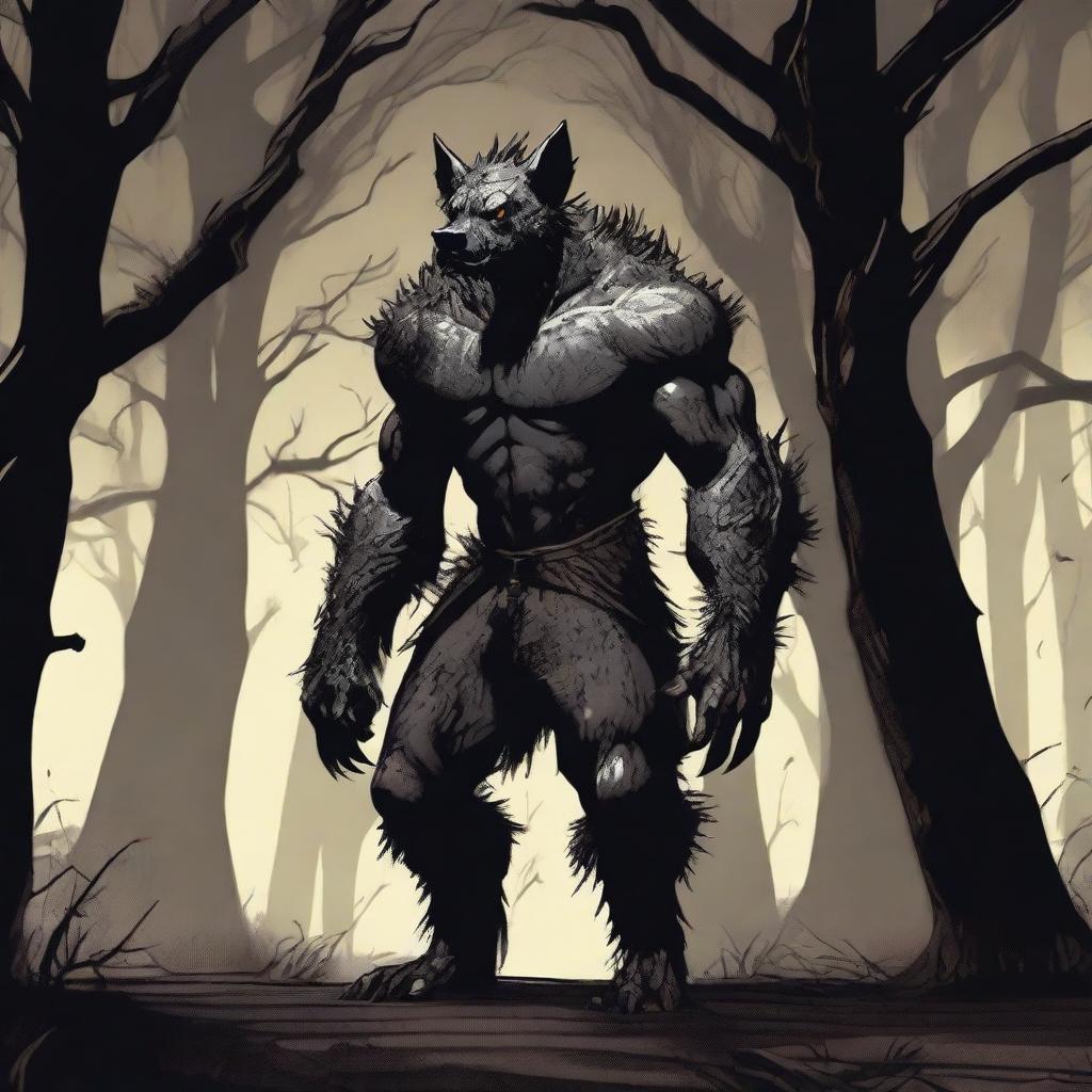 A terrifying werehyena, a human with a hyena face, extremely muscular and big, standing in a dark, eerie setting